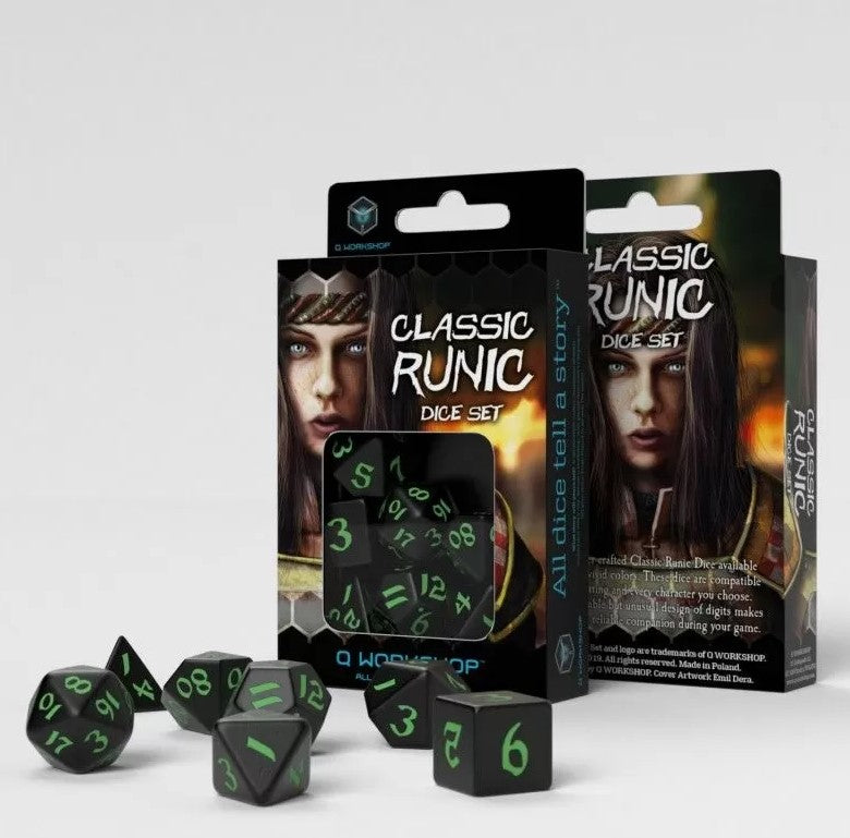 Q Workshop Runic Black & Green Dice Set 7 | Lots Moore NSW