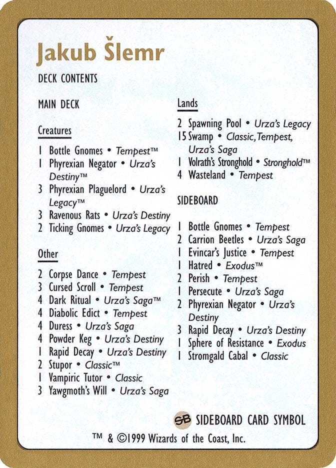 Jakub Slemr Decklist [World Championship Decks 1999] | Lots Moore NSW