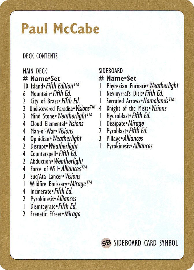 Paul McCabe Decklist [World Championship Decks 1997] | Lots Moore NSW