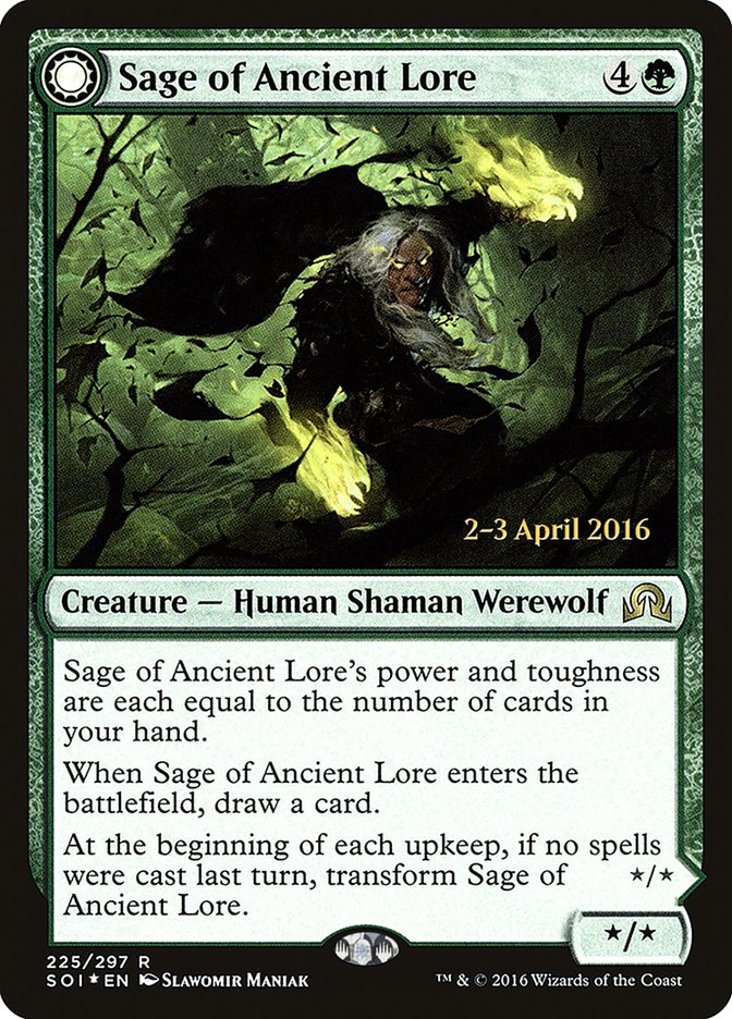 Sage of Ancient Lore // Werewolf of Ancient Hunger [Shadows over Innistrad Prerelease Promos] | Lots Moore NSW