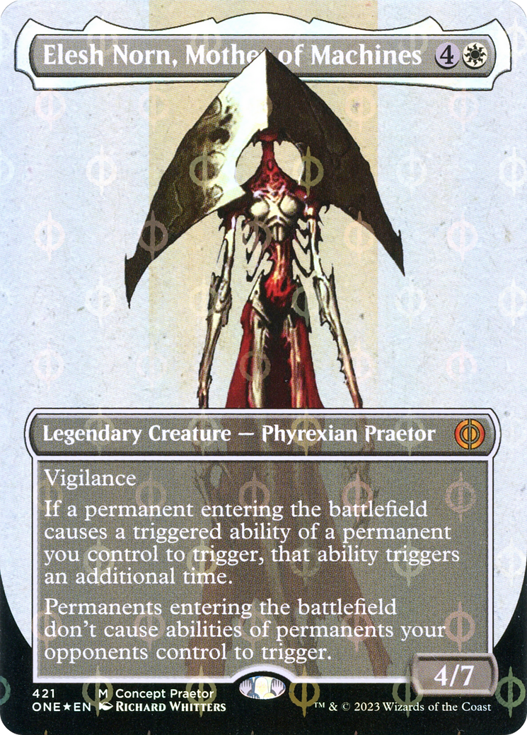 Elesh Norn, Mother of Machines (Borderless Concept Praetors Step-and-Compleat Foil) [Phyrexia: All Will Be One] | Lots Moore NSW