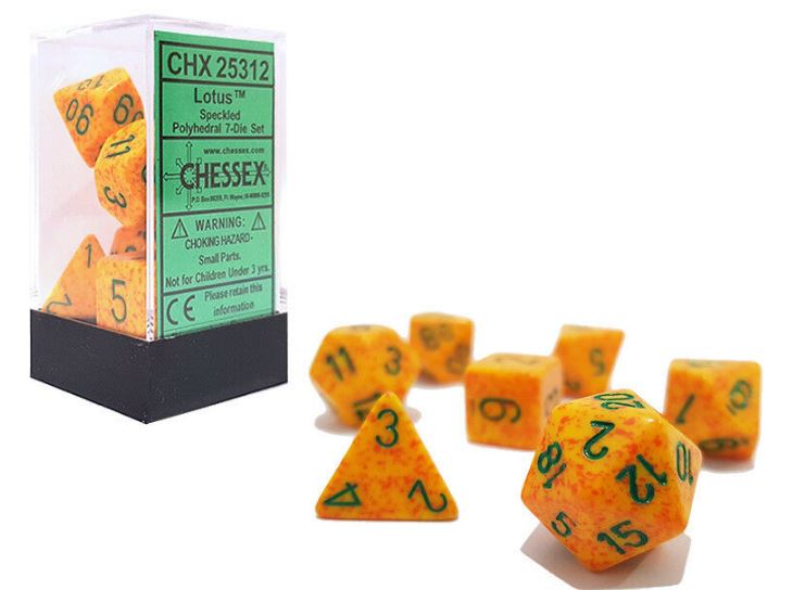 Lotus Orange Speckled Polyhedral Dice set CHX25312 | Lots Moore NSW