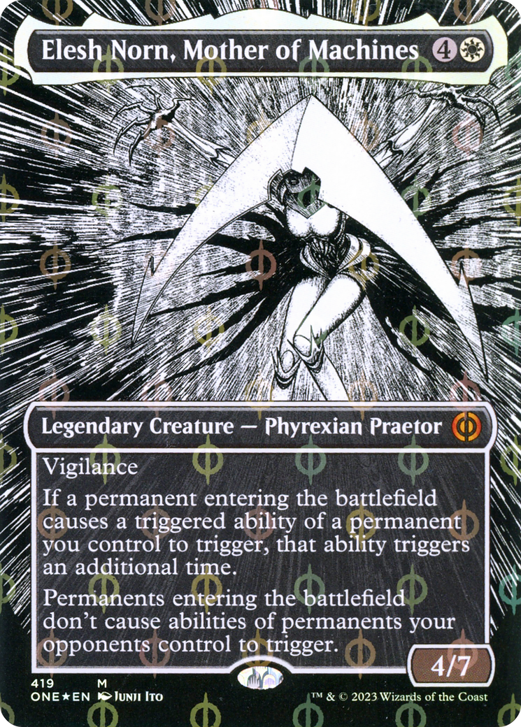 Elesh Norn, Mother of Machines (Borderless Manga Step-and-Compleat Foil) [Phyrexia: All Will Be One] | Lots Moore NSW