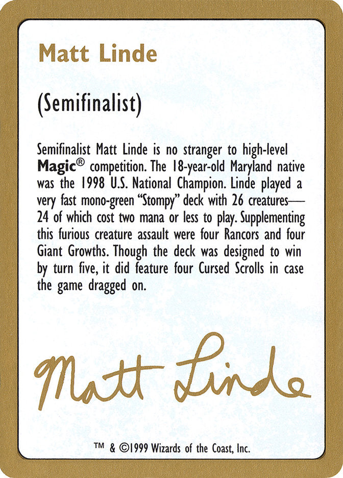 Matt Linde Bio [World Championship Decks 1999] | Lots Moore NSW