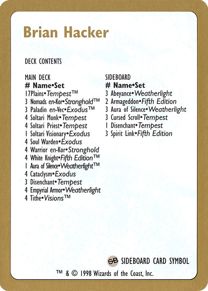 Brian Hacker Decklist [World Championship Decks 1998] | Lots Moore NSW